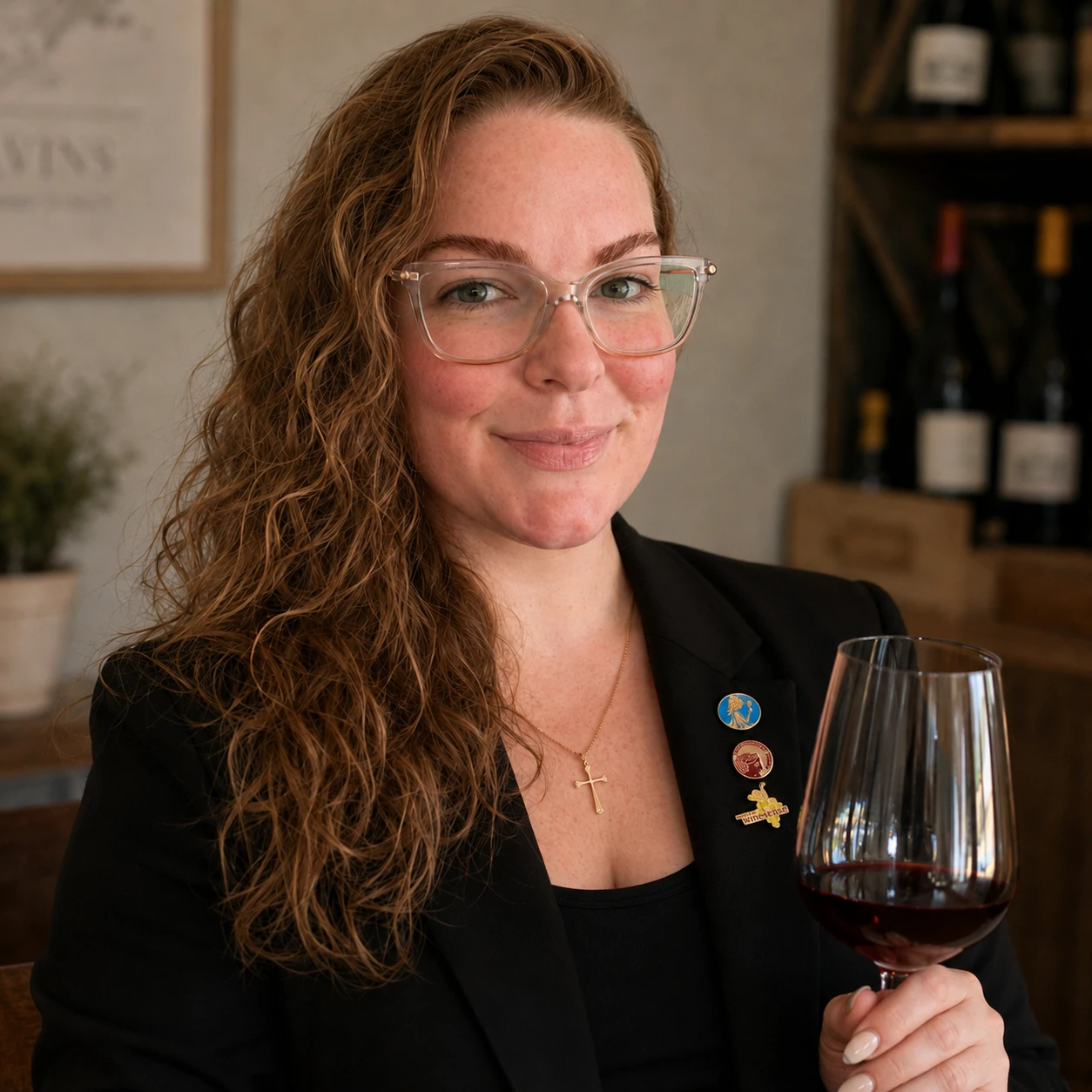Sarah, wine consultant and educator, holding a glass of wine